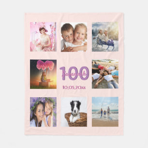 100th birthday blush rose gold name photo collage fleece blanket