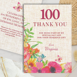 100th Birthday Bold Floral Linen Appreciation Thank You Card