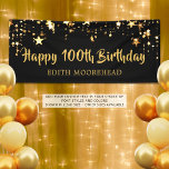 100th Birthday Brush Script Black Gold Stars Banner<br><div class="desc">Celebrate a 100th birthday for him or her with this black and gold themed banner with gold stars and handwritten brush script text you can personalise with your custom message. CHANGES: You can change the background colour and/or the text font style, size, colour and placement to coordinate with your birthday...</div>
