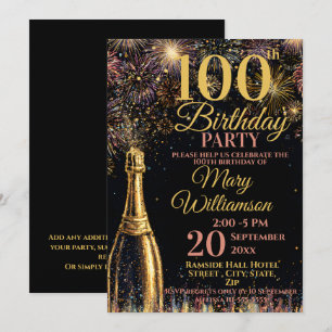 100th Birthday Bubbly Fireworks Gold Pink Invitation