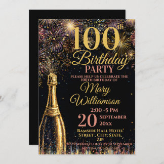 100th Birthday Bubbly Fireworks Gold Pink Invitation