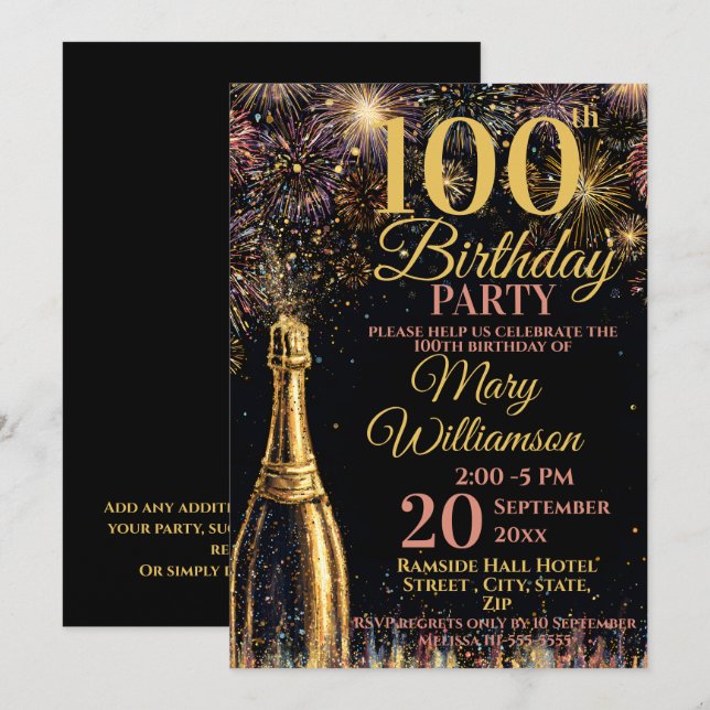 100th Birthday Bubbly Fireworks Gold Pink Invitation (Front/Back)