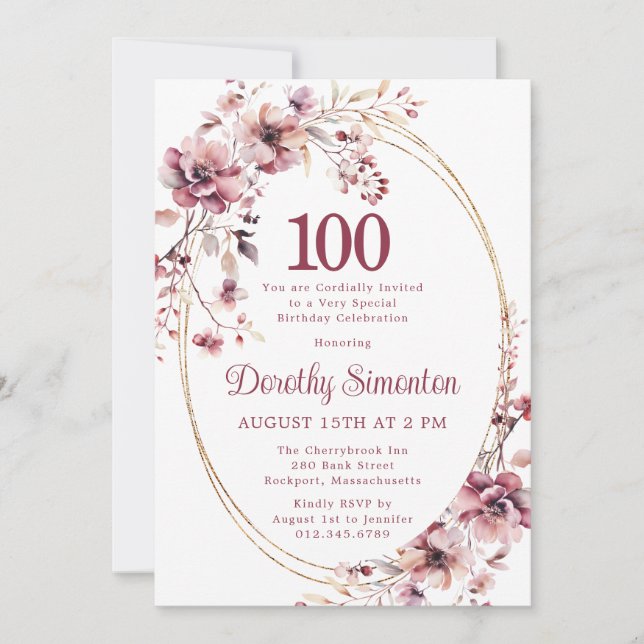 100th Birthday Burgundy Blush Pink Wildflower Invitation (Front)