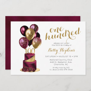 100th Birthday Burgundy Cake Invitation