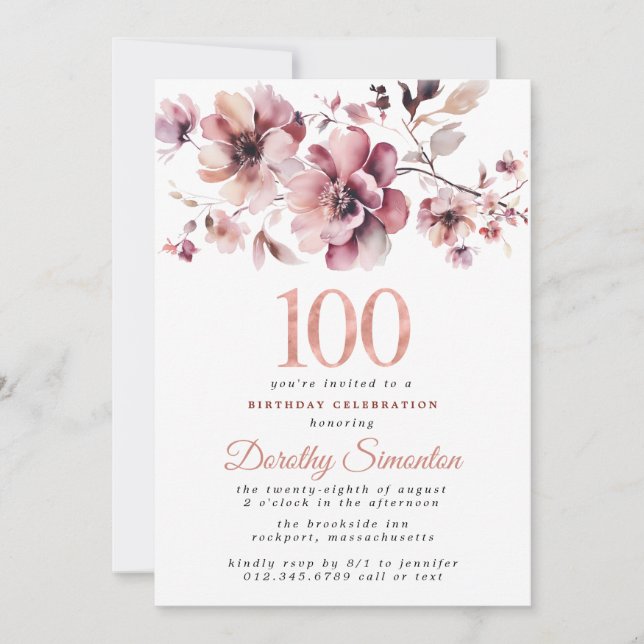 100th Birthday Burgundy Dusty Blush Pink Floral Invitation (Front)