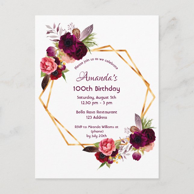 100th birthday burgundy floral gold invitation postcard (Front)