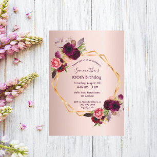 100th birthday burgundy floral rose gold geometric invitation