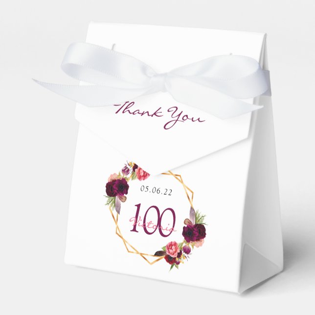 100th Birthday burgundy geometric floral white Favour Box (Front Side)