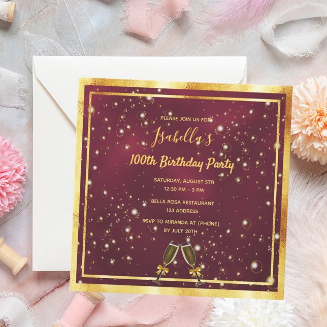 100th birthday burgundy gold  bubbles invitation (Creator Uploaded)
