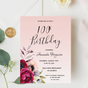 100th birthday burgundy rose gold invitation postcard