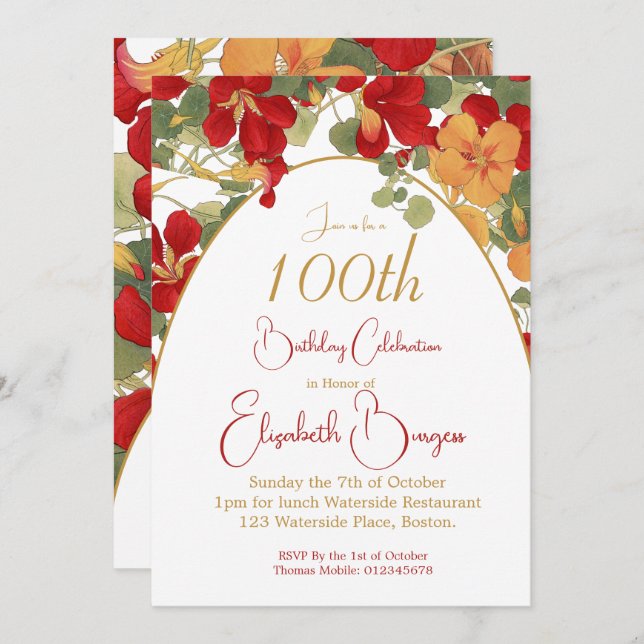 100th Birthday Burnt Orange Arch Flowers  Invitation (Front/Back)