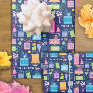 100th Birthday Cake Presents Balloons Blue Wrapping Paper Sheet