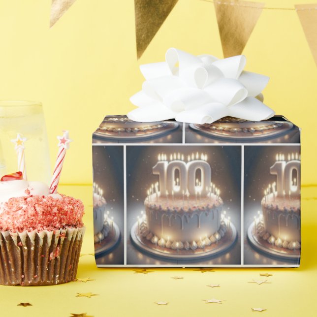100th Birthday Cake With Many Candles Wrapping Paper (Birthday Party)