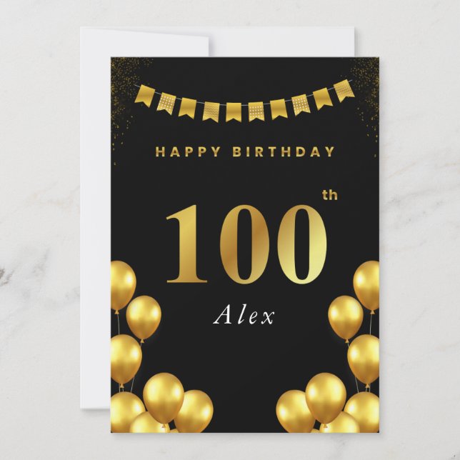 100th Birthday Card Black and Gold Balloons (Front)