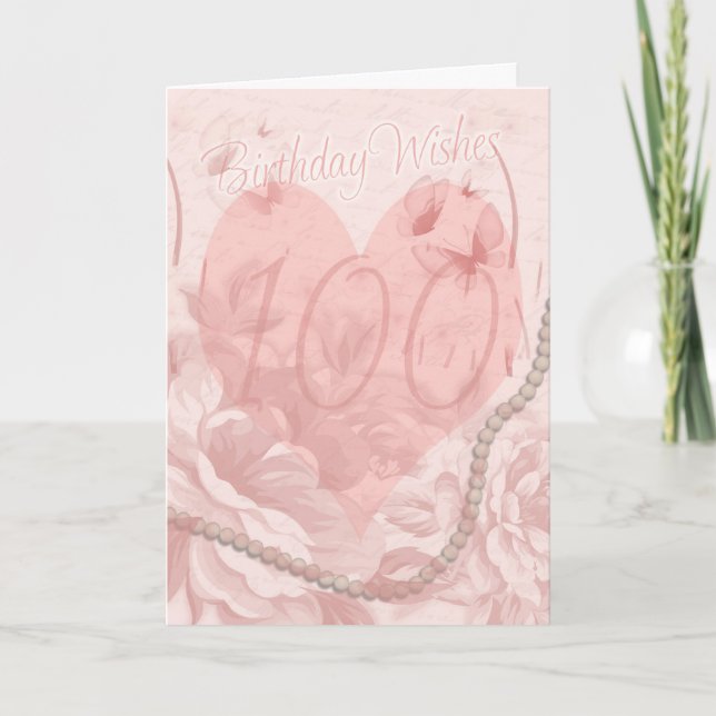 100th Birthday Card, Pink Floral, Heart With Butte Card (Front)