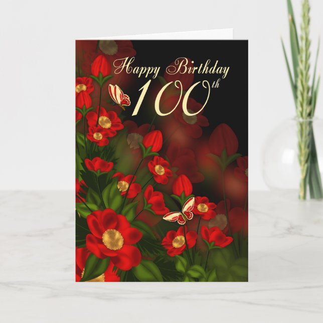 100th Birthday Card With Deep Red Flowers (Front)