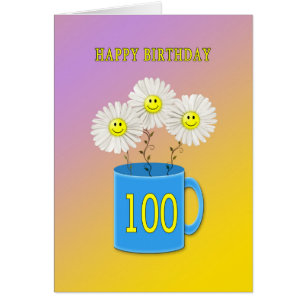 100th Birthday card with happy smiling flowers
