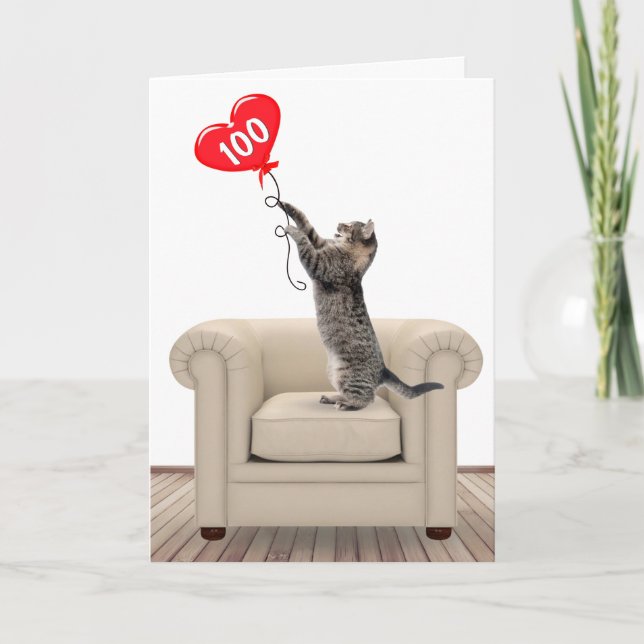 100th Birthday Cat With Heart Balloon Card (Front)