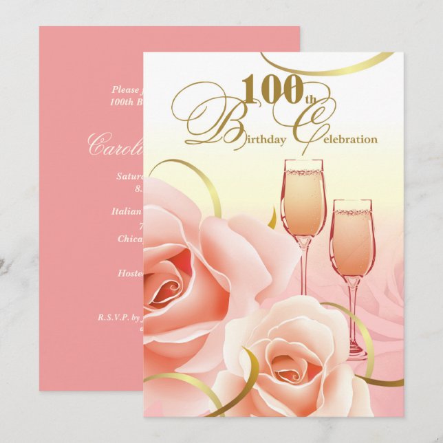 100th Birthday Celebration. Pink Peach Roses Invitation (Front/Back)