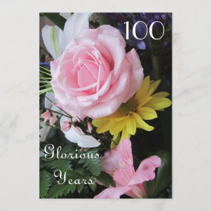 100th Birthday Celebration!-Pink Rose Bouquet Invitation