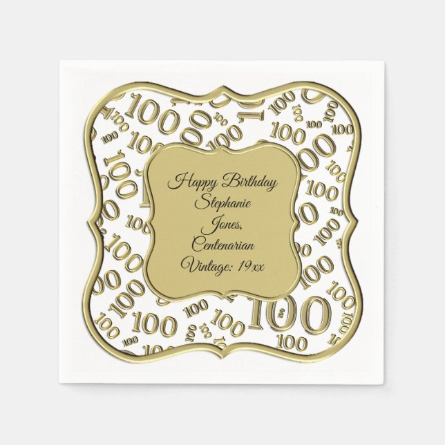 100th Birthday Centenarian Gold Number Pattern Napkin (Front)