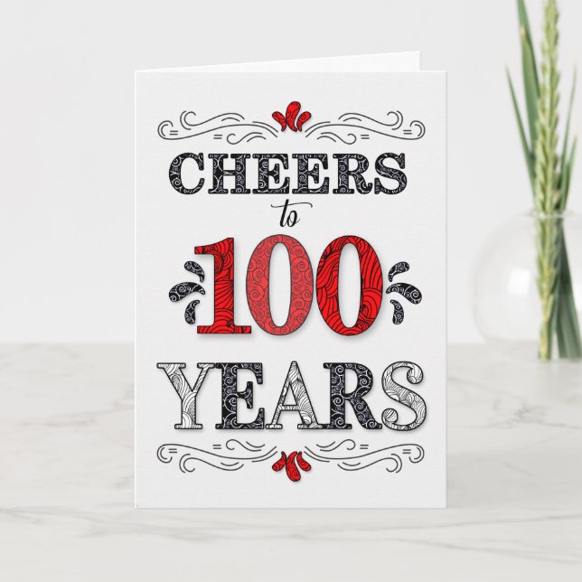 100th Birthday Cheers in Red White Black Pattern Card (Front)