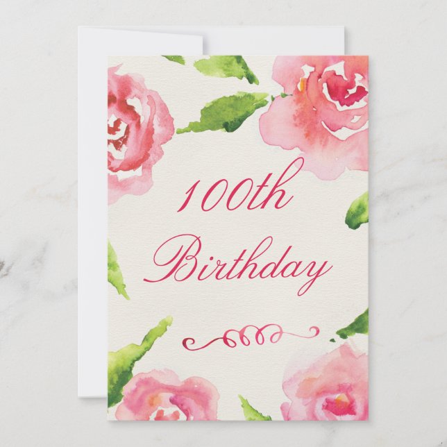 100th Birthday Chic Watercolor Roses Invitation (Front)