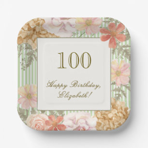 100th Birthday Coaster Autumn Colour Floral Stripe Paper Plate