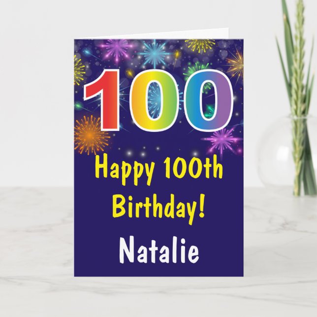 100th Birthday Colourful Rainbow Firework Navy Blu Card (Front)