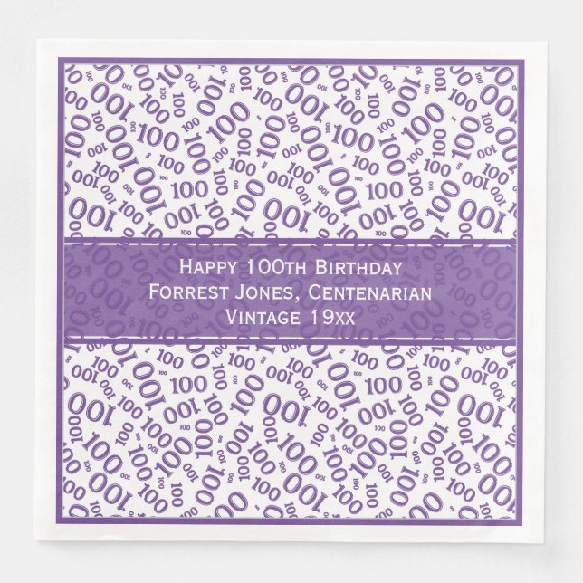 100th Birthday Cool Number Pattern Purple/White Napkin (Front)