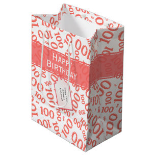 100th Birthday Coral/White Random Number Pattern Medium Gift Bag