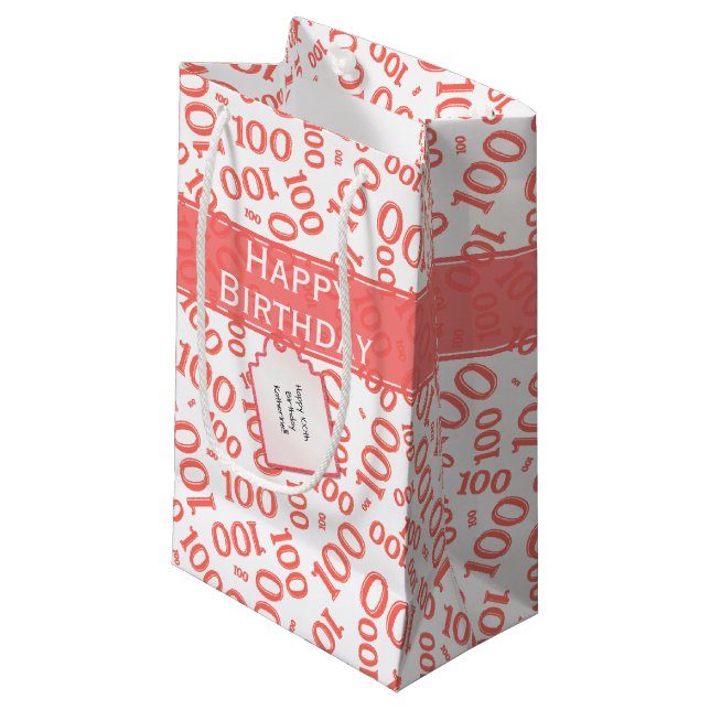 100th Birthday Coral/White Random Number Pattern Small Gift Bag (Front Angled)