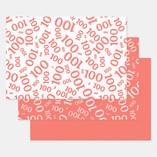 100th Birthday Coral/White Random Number Pattern Wrapping Paper Sheet (Set)