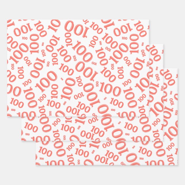 100th Birthday Coral/White Random Number Pattern Wrapping Paper Sheet (Set)