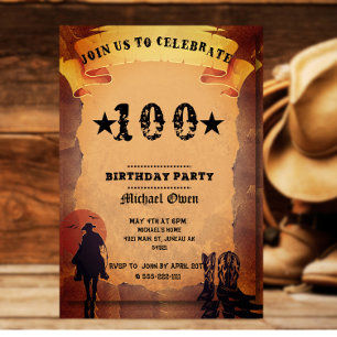 100th birthday cowboy old paper horse riding party invitation
