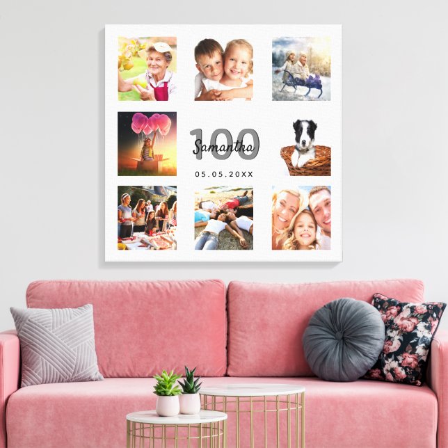 100th birthday custom photo collage white monogram canvas print (Insitu(LivingRoom))