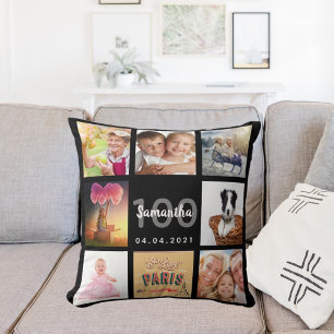 100th birthday custom photo collage woman black cushion