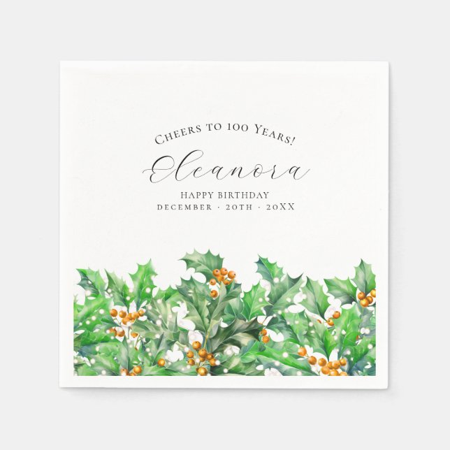 100th Birthday December Birth Flower Holly Custom Napkin (Front)