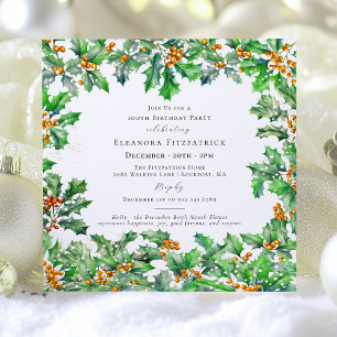 100th Birthday December Birth Flower Holly Square Invitation