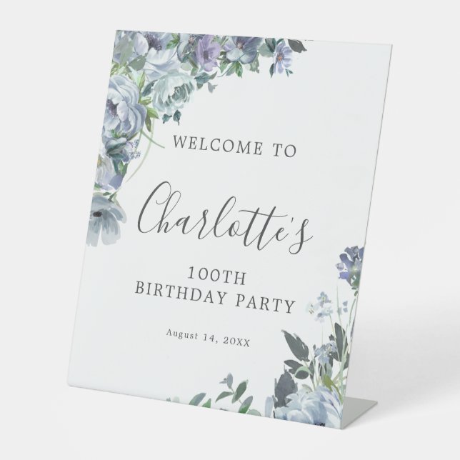 100th Birthday Dusty Blue Floral Welcome Pedestal Sign (Front)