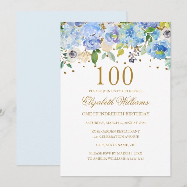 100th Birthday Elegant Blue Gold Floral Invitation (Front/Back)