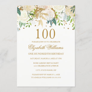 100th Birthday Elegant Gold Floral Invitation