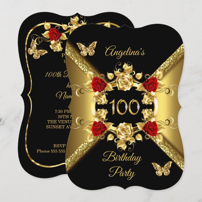 100th Birthday Elegant Gold Red Roses Black Invitation (Front/Back)
