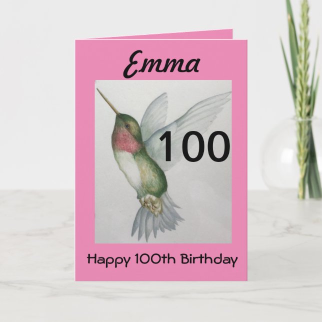100th Birthday Elegant Pink Hummingbird Watercolor Card (Front)