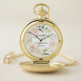 100th Birthday Elegant Pink Rose Floral Wreath Pocket Watch