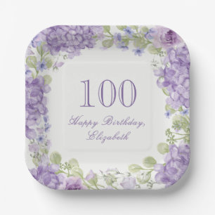 100th Birthday Elegant Purple Floral Paper Plates