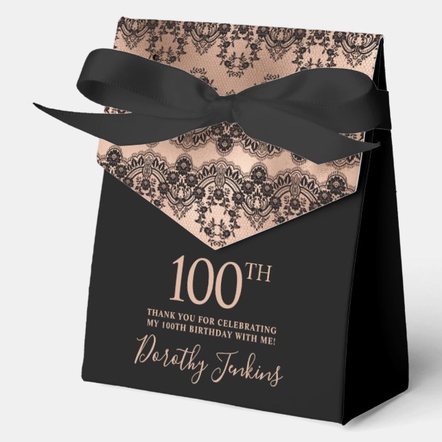 100th Birthday Elegant Rose Gold Black Lace Favour Box (Front)
