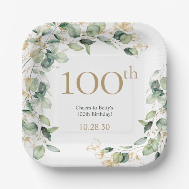 100th Birthday Eucalyptus Paper Plate (Front)