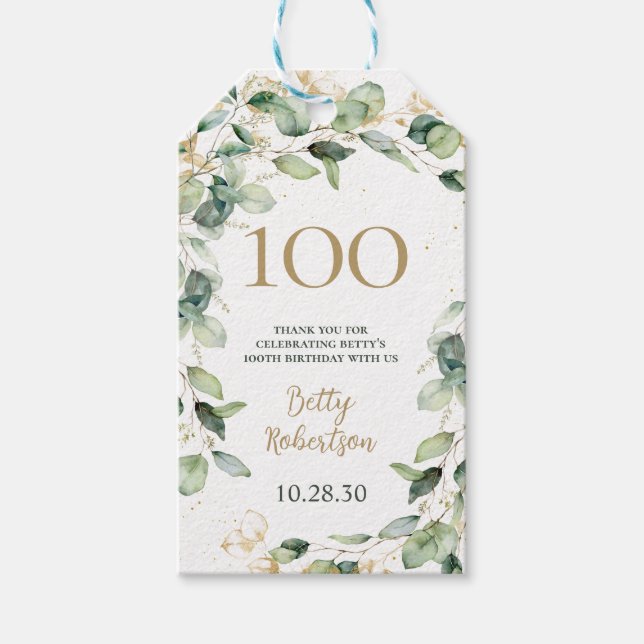 100th Birthday Eucalyptus Thank You Gift Tags (Front)