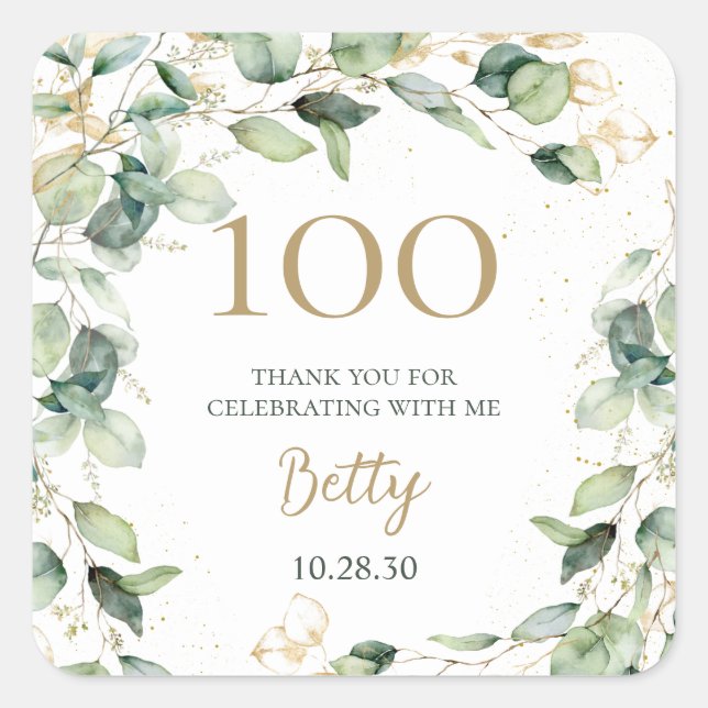 100th Birthday Eucalyptus Thank You Square Sticker (Front)